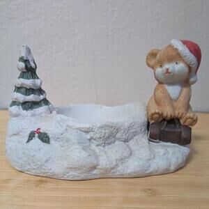 Vintage 1980s Christmas Bear Candle Holder Santa Bear & Snowy Tree Holiday Decor
